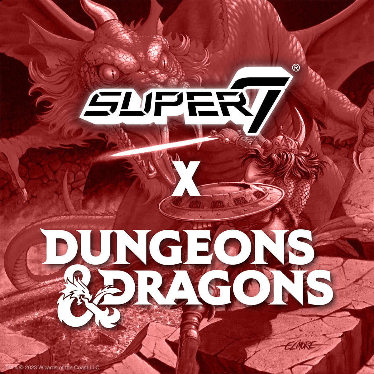 Red tinted dragon battle artwork with the Super7 logo and Dungeons & Dragons branding.