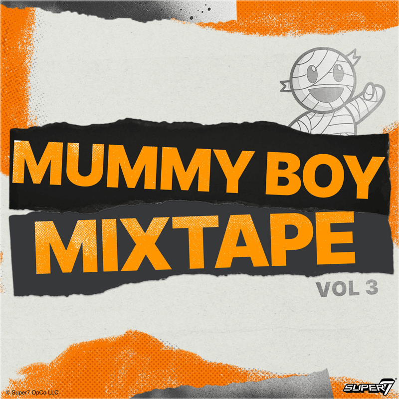 Mummy Boy Mixtape Vol 3 cover with orange title on torn black strips and a cartoon mummy