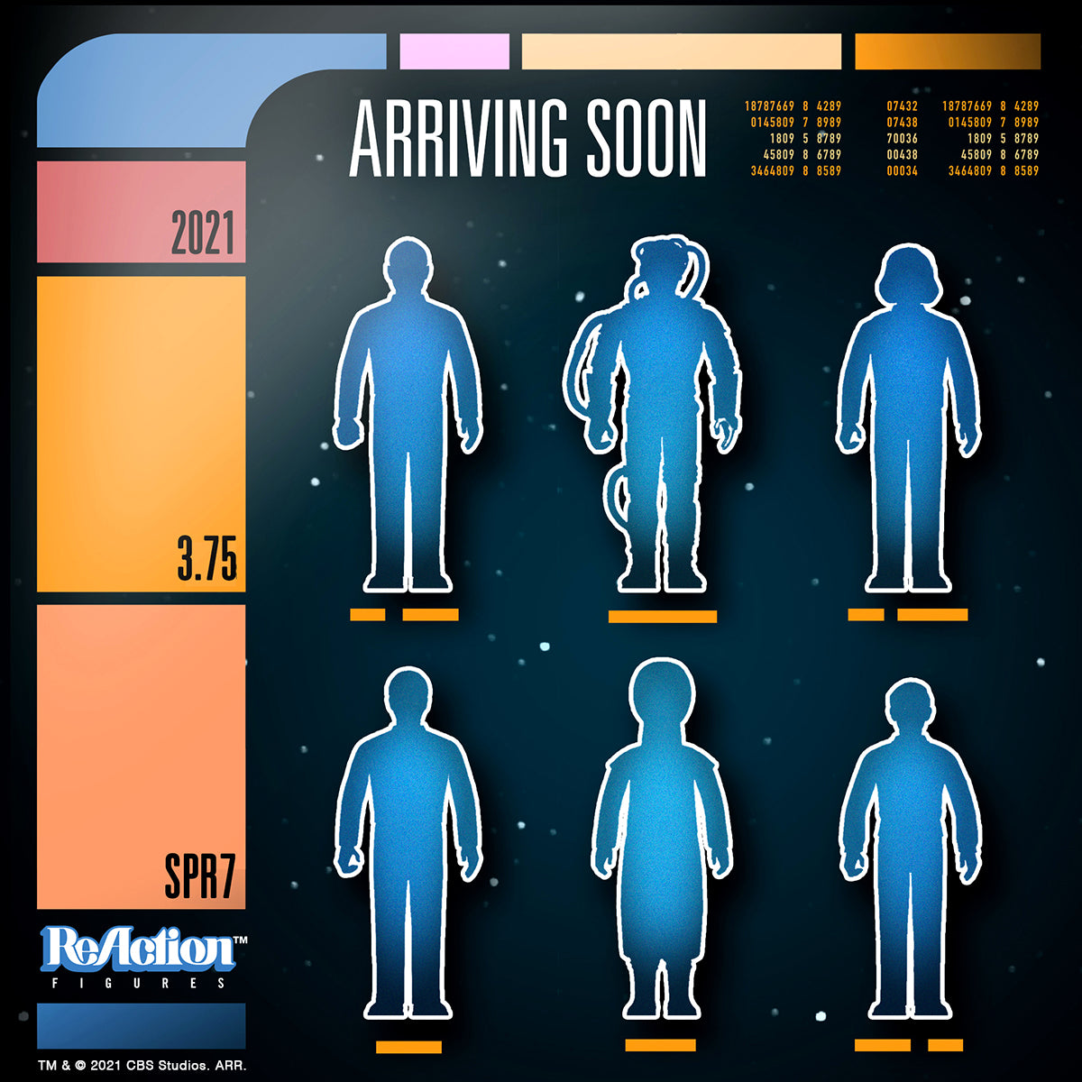 Teaser poster for Star Trek The Next Generation ReAction figures with silhouettes of crew against a space background