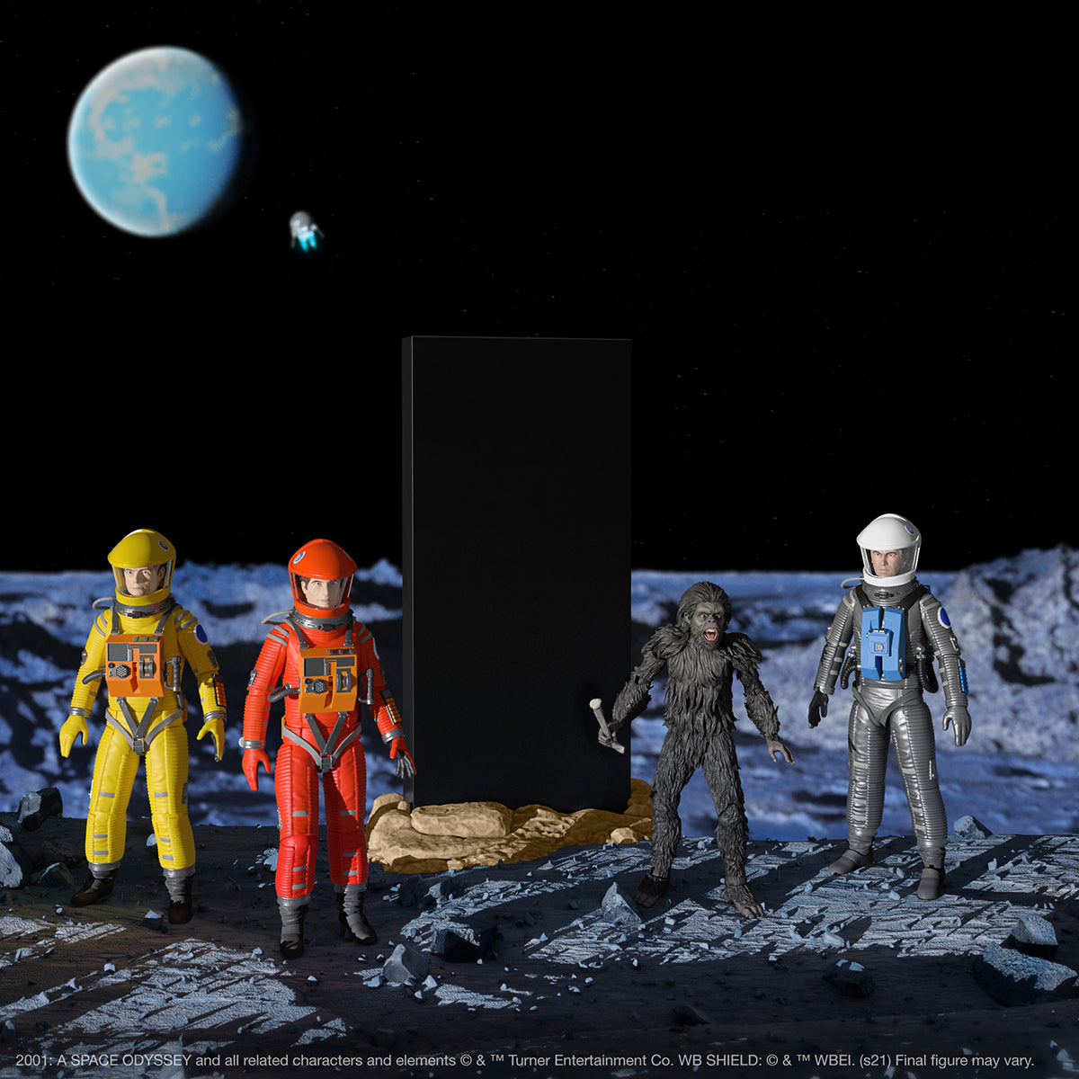 2001 A Space Odyssey ULTIMATES figures pose on a moon surface with a large black monolith and four characters.