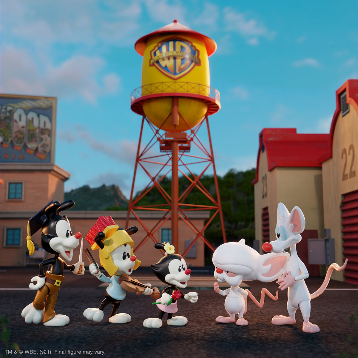 Animaniacs ULTIMATES Wave 1 figures posed in a town square with a large Warner Bros water tower in the background