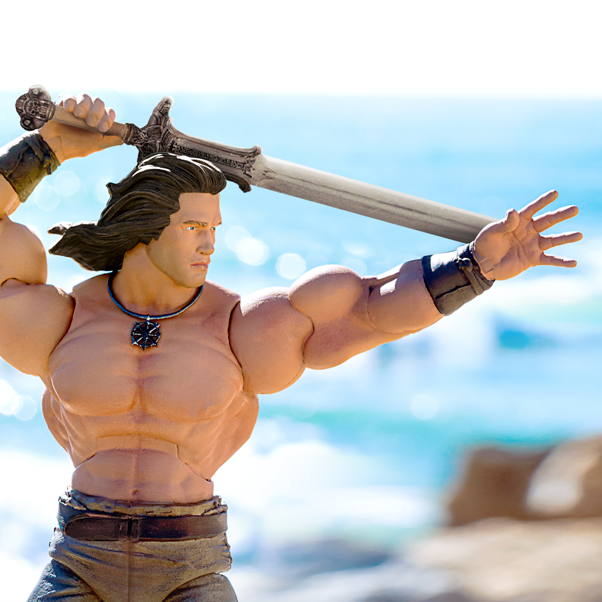 Conan the Barbarian Ultimates action figure in a muscular topless pose wielding a sword at the beach.