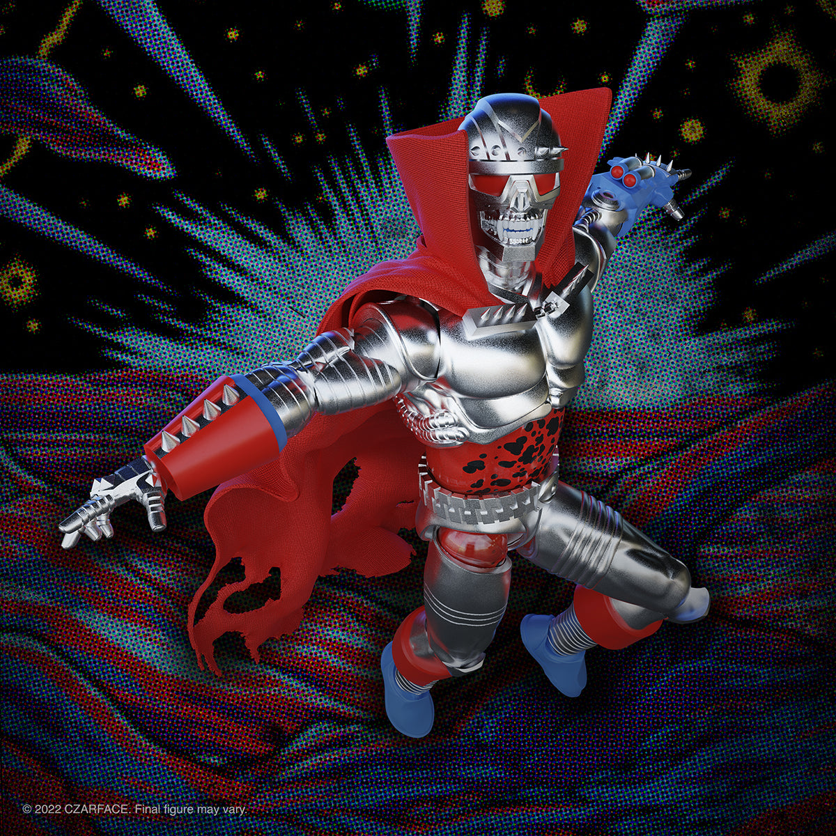Metallic silver Czarface figure with red cape and blue weapon in a dynamic pose