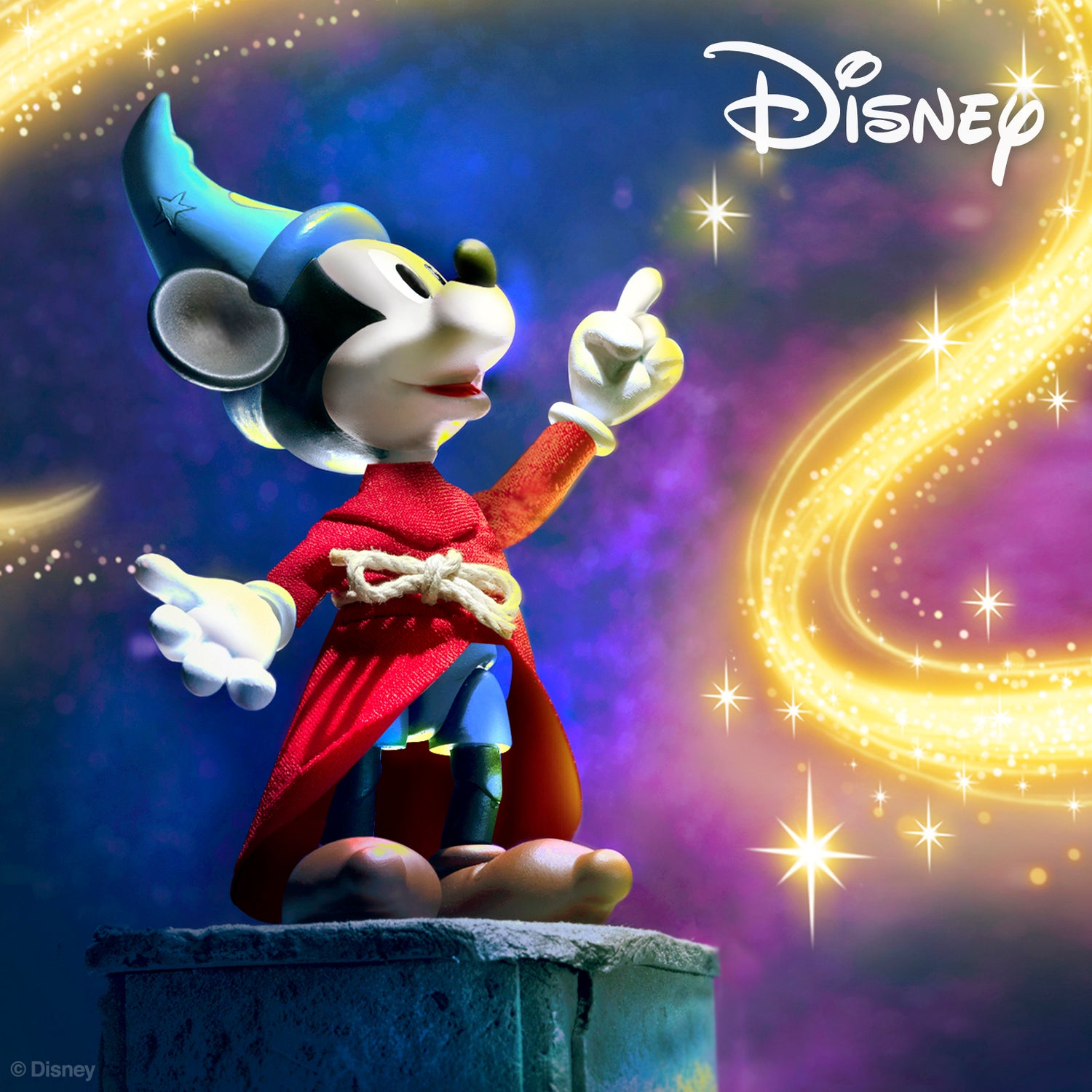 Disney themed action figure with a blue character against a colorful magical backdrop and the Disney logo in the corner