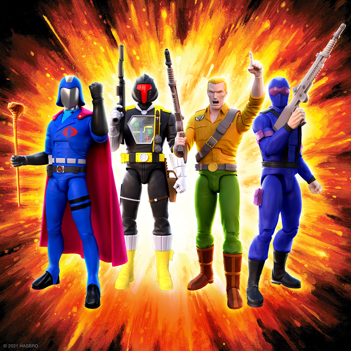 Group of four GI Joe figures from Hasbro and Super7 posed with weapons against a fiery explosion background.