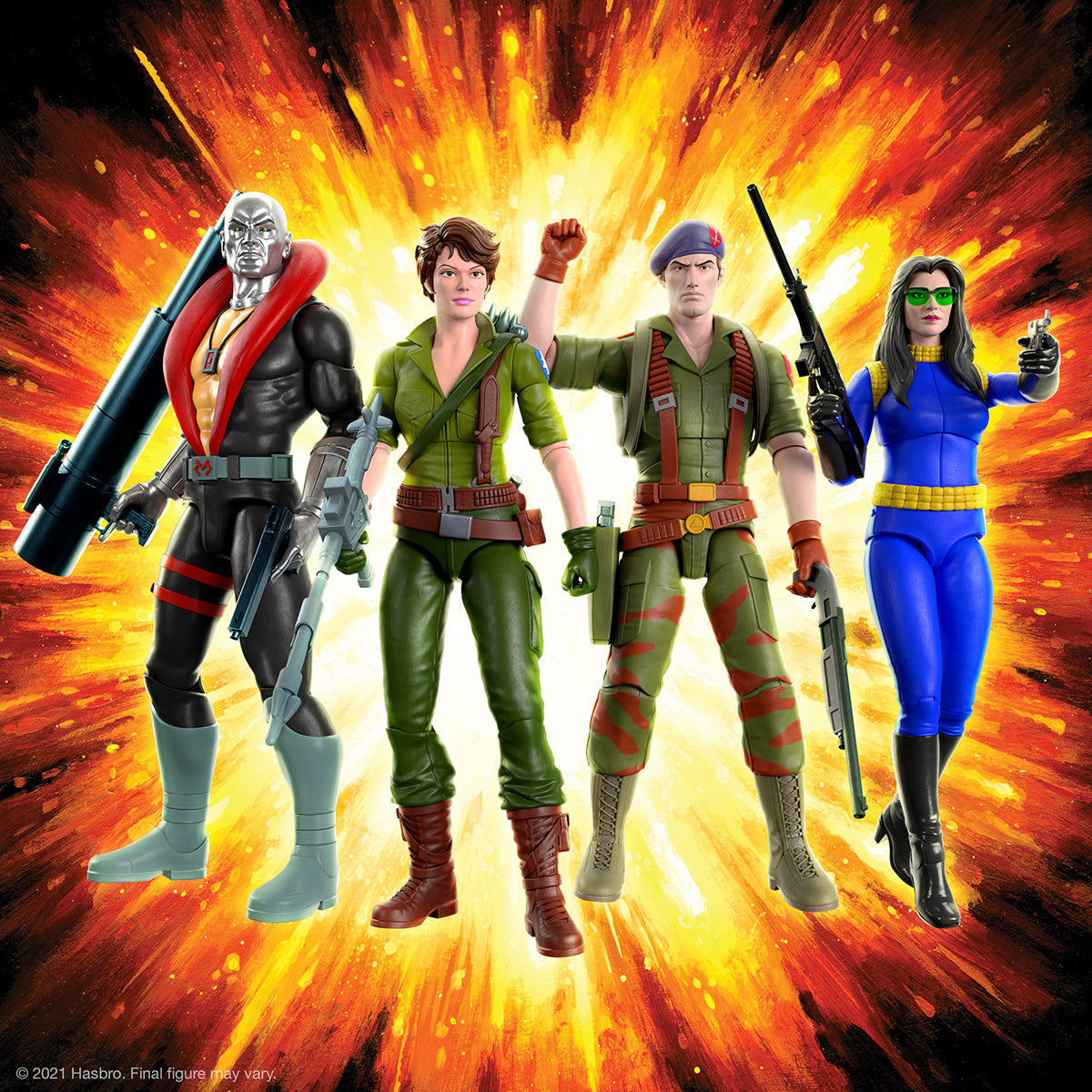 GI Joe Ultimates Wave 2 four figure set posed with weapons against a fiery explosion backdrop