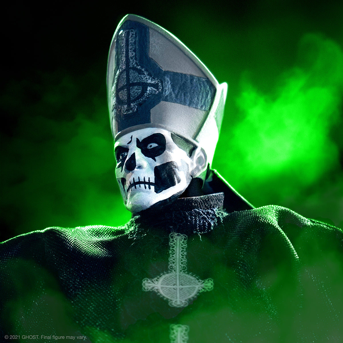 Papa Emeritus II Ghost ULTIMATES figure with skull face, ornate mitre and dark robe