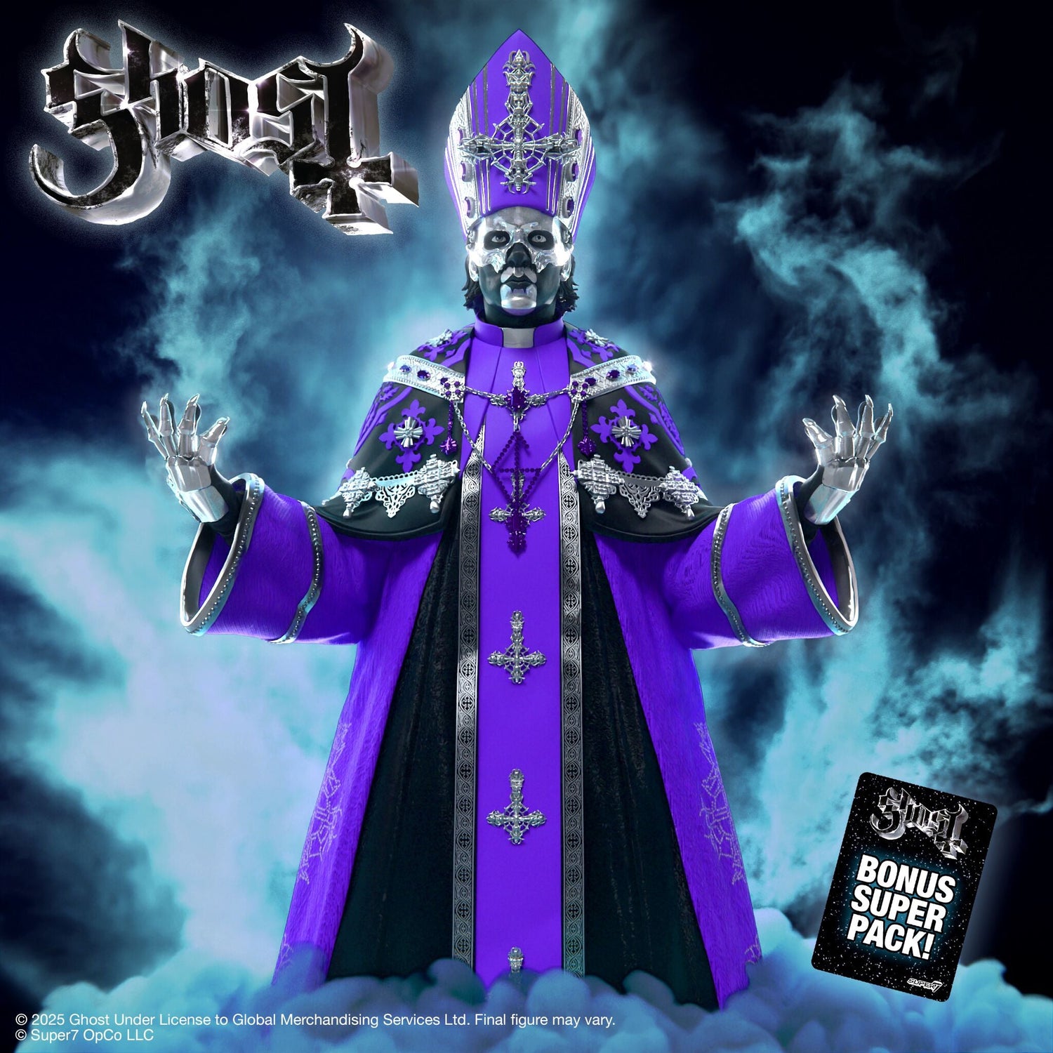 GHOST Ultimates Papa V Perpetua promotional artwork featuring a purple papal robe and a silver skeletal mask.