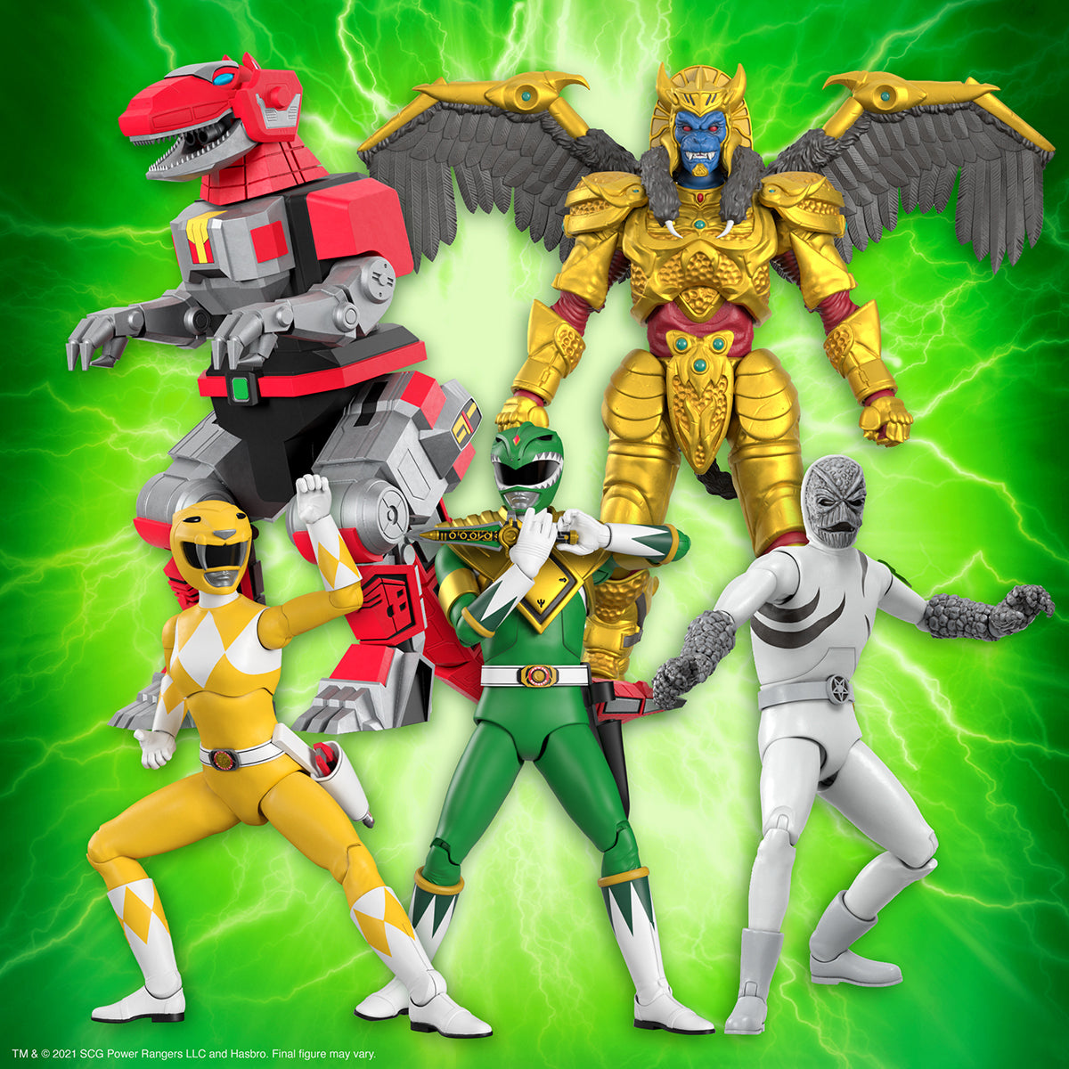 Group of Mighty Morphin Power Rangers Ultimates Wave 1 figures posed with a gold armored winged villain against a neon green background.