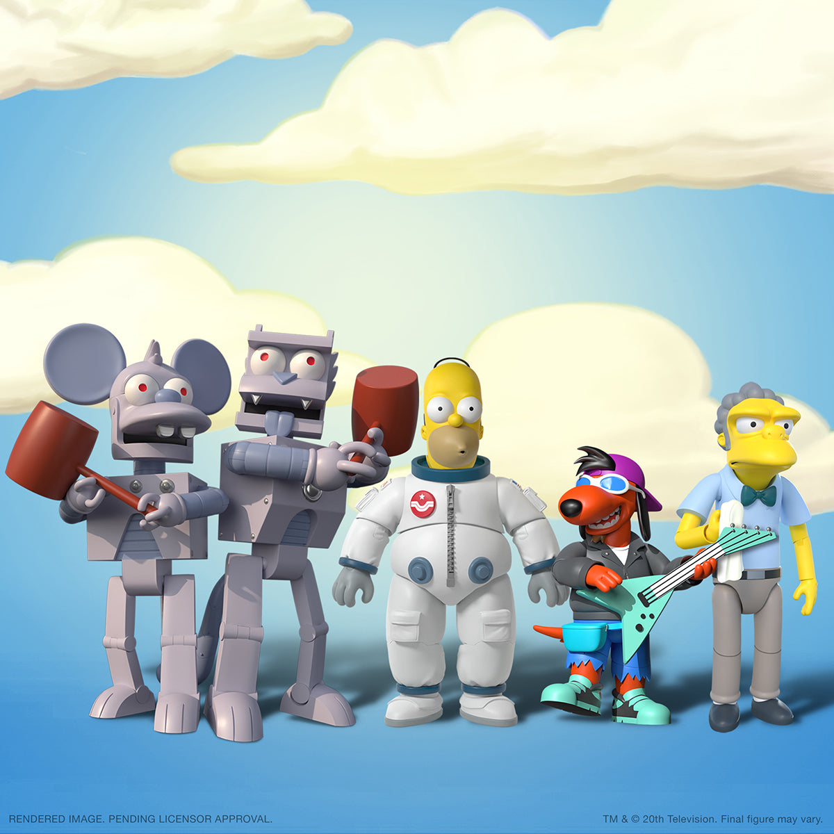 Group of Simpsons action figures including Homer in a white space suit and two gray robotic characters posed against a bright sky background.