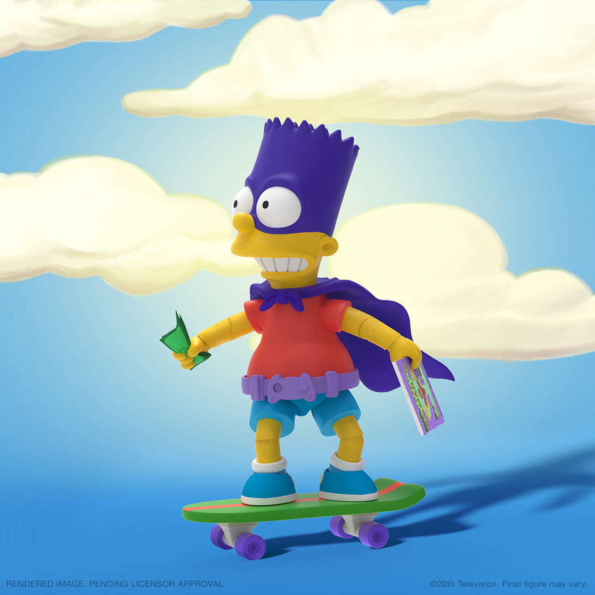 Bart Simpson action figure on a skateboard wearing a red shirt and cape with an accessory card.