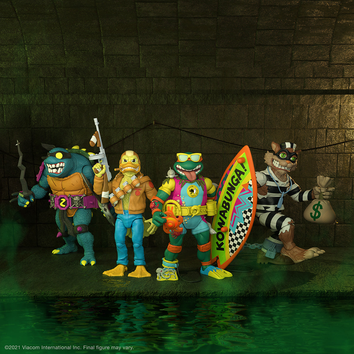 Teenage Mutant Ninja Turtles ULTIMATES Wave 6 figures stand on a rocky lunar set with a tall monolith and space backdrop.