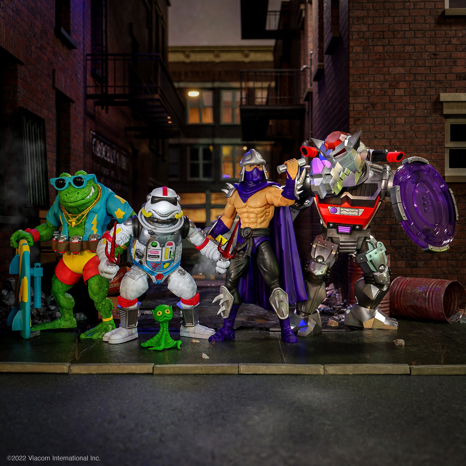 TMNT Ultimates Wave 8 action figures posed together in an urban alley setting.