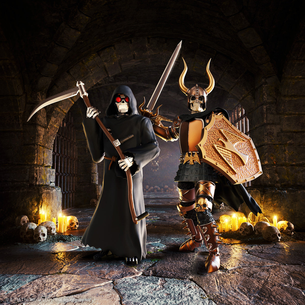 The Worst ULTIMATES Wave 2 figures a hooded grim reaper with a scythe and a horned armored Viking with shield in a dungeon scene.