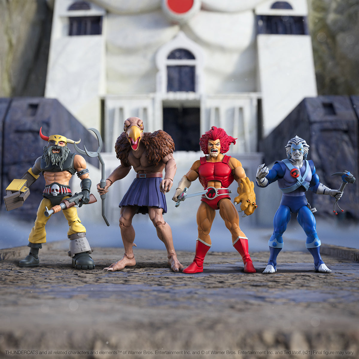 Four ThunderCats action figures posed in a row on a cobblestone ground before a temple like backdrop