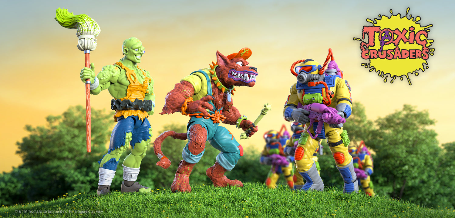 Toxic Crusaders ULTIMATES Wave 3 figures posed on a grassy hill with a bright sky and Toxic Crusaders logo.