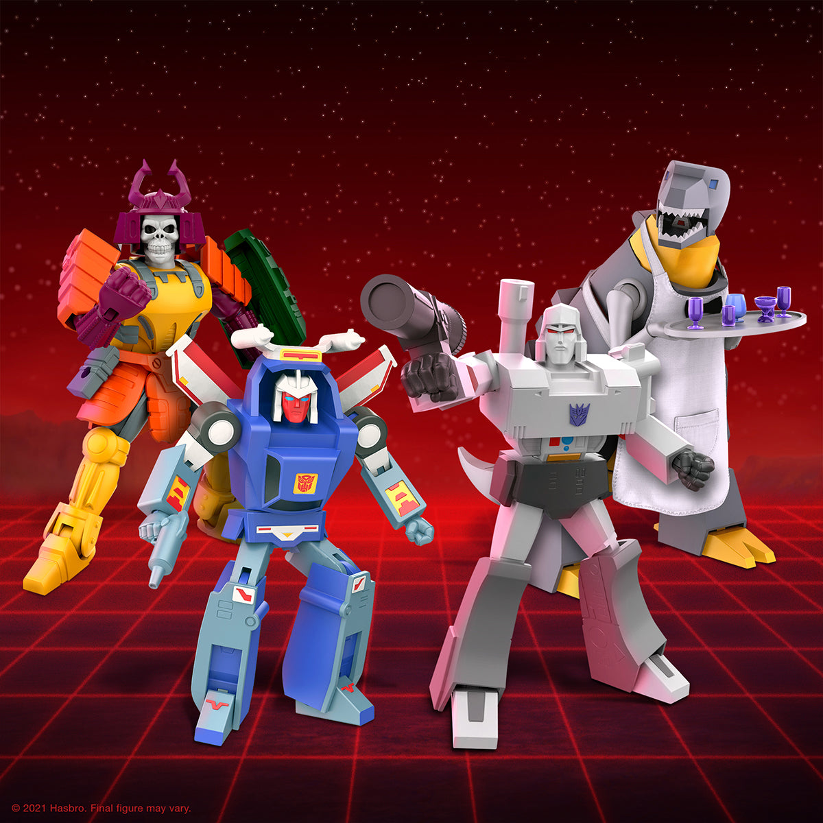 Group of Super7 Transformers Ultimates Wave 2 figures posed together against a red space backdrop.