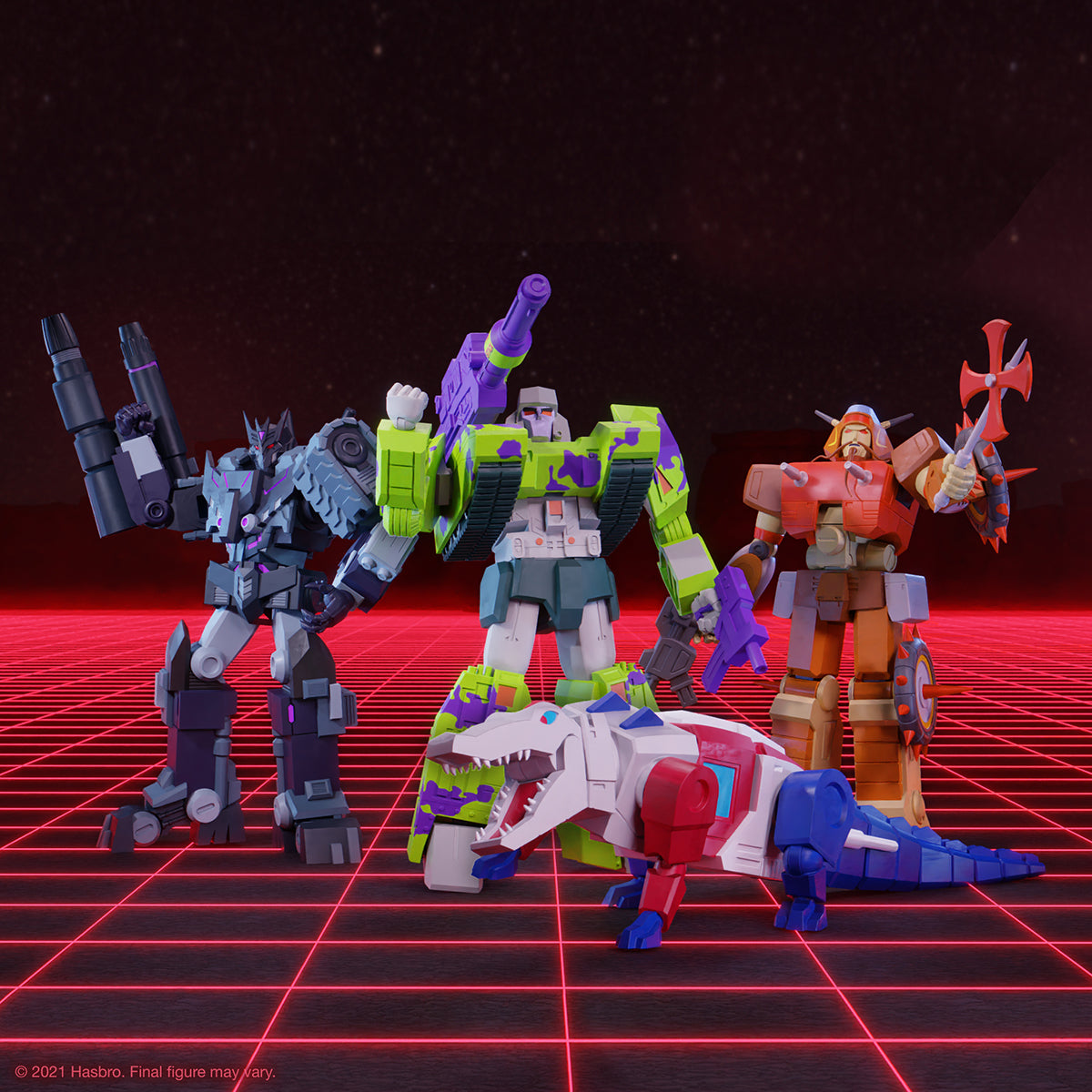 Group of vibrant Transformers ULTIMATES Wave 3 figures posed on a red neon grid with a robotic dinosaur in front.