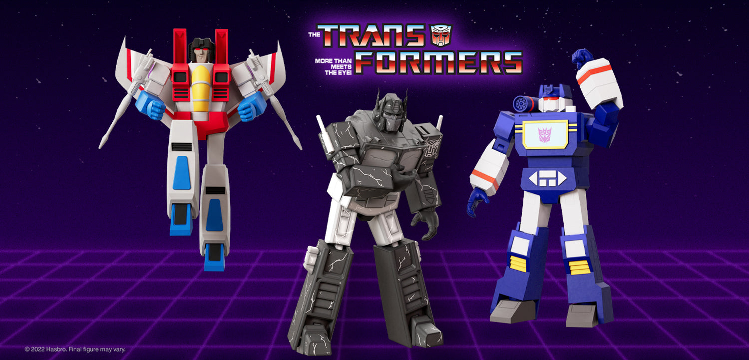 Three Transformers ULTIMATES Wave 4 figures posed against a purple retro grid background with The Transformers logo.