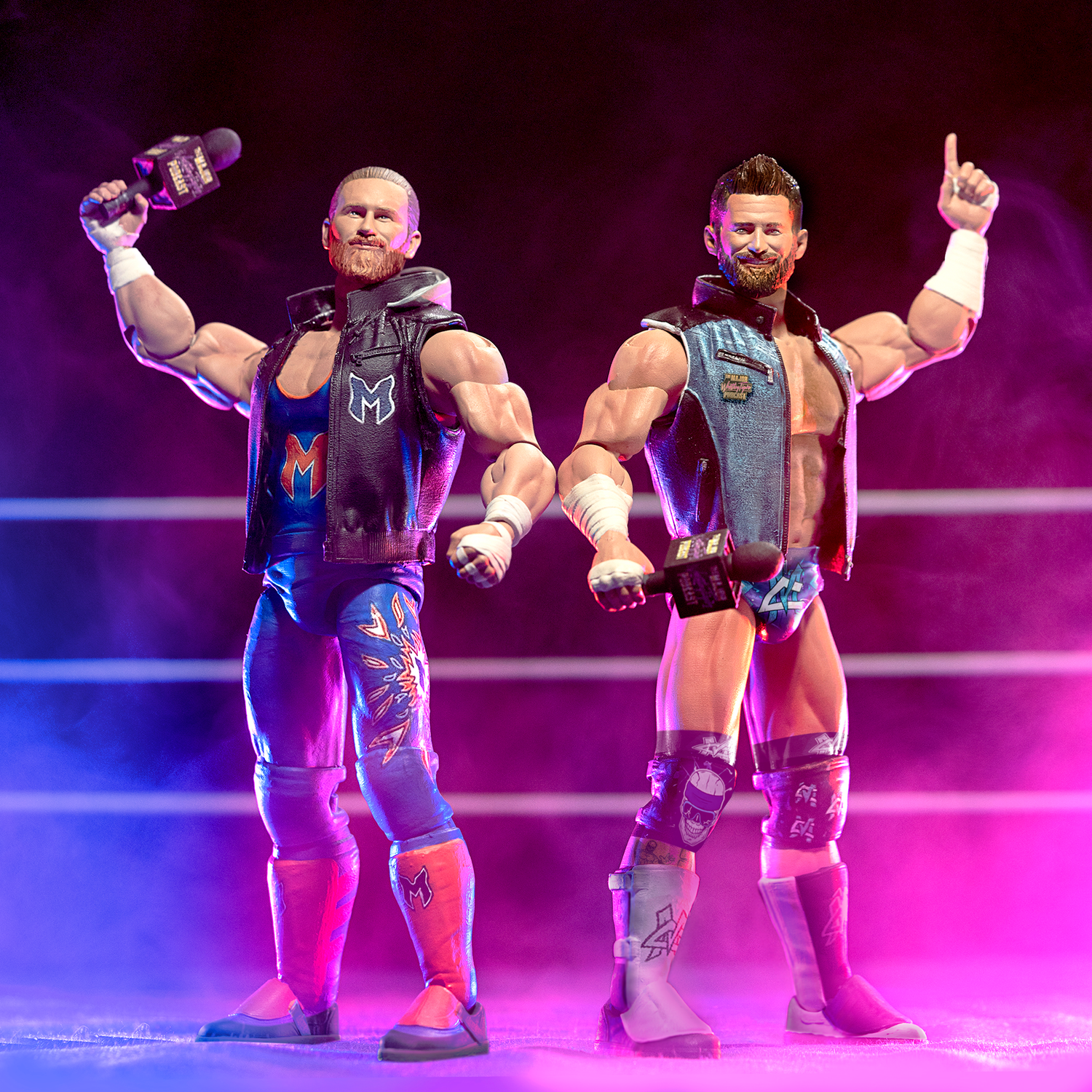 Two wrestling action figures pose on an ice rink under purple lighting with a Major Wrestling Podcast badge.