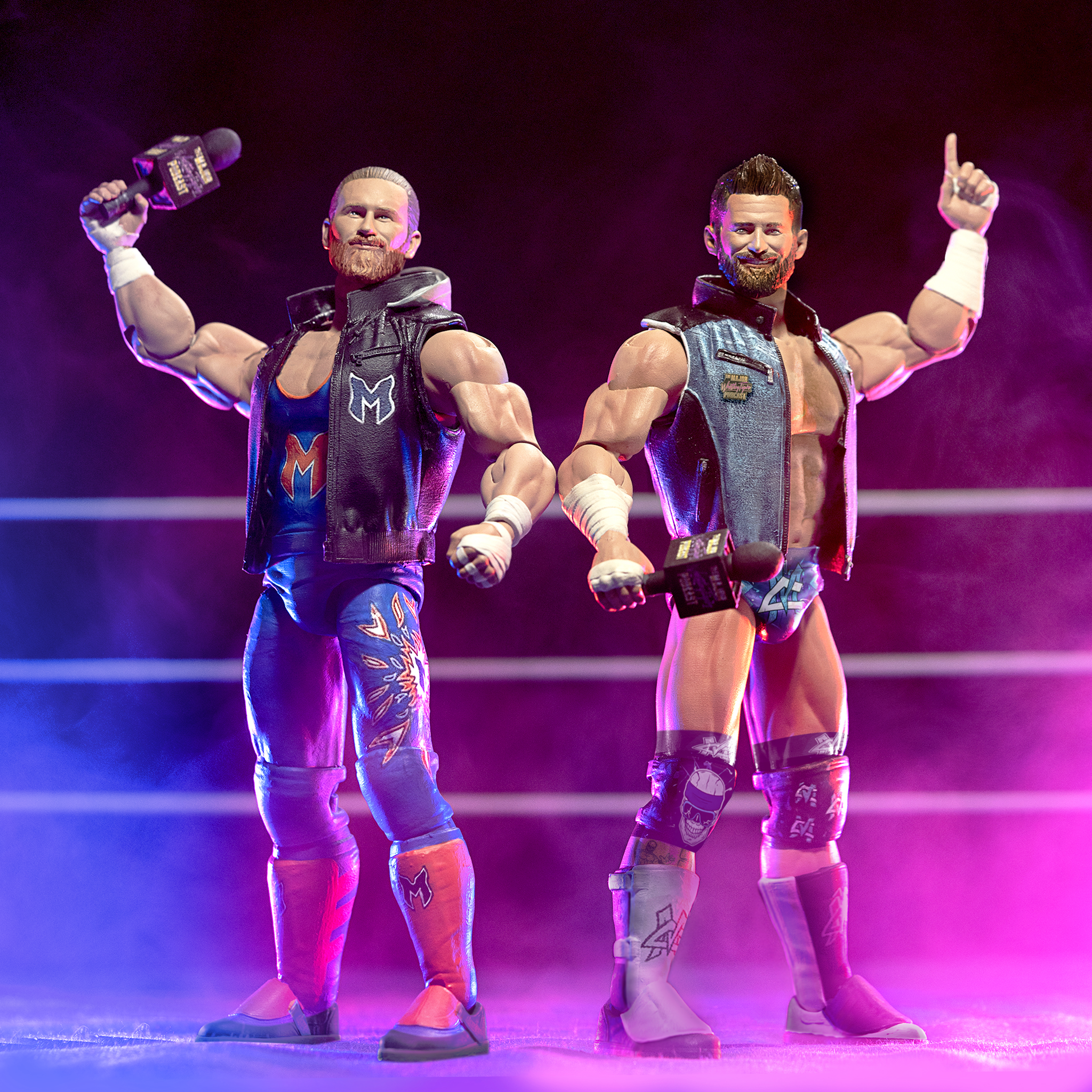 Two wrestling action figures pose on an ice rink under purple lighting with a Major Wrestling Podcast badge.