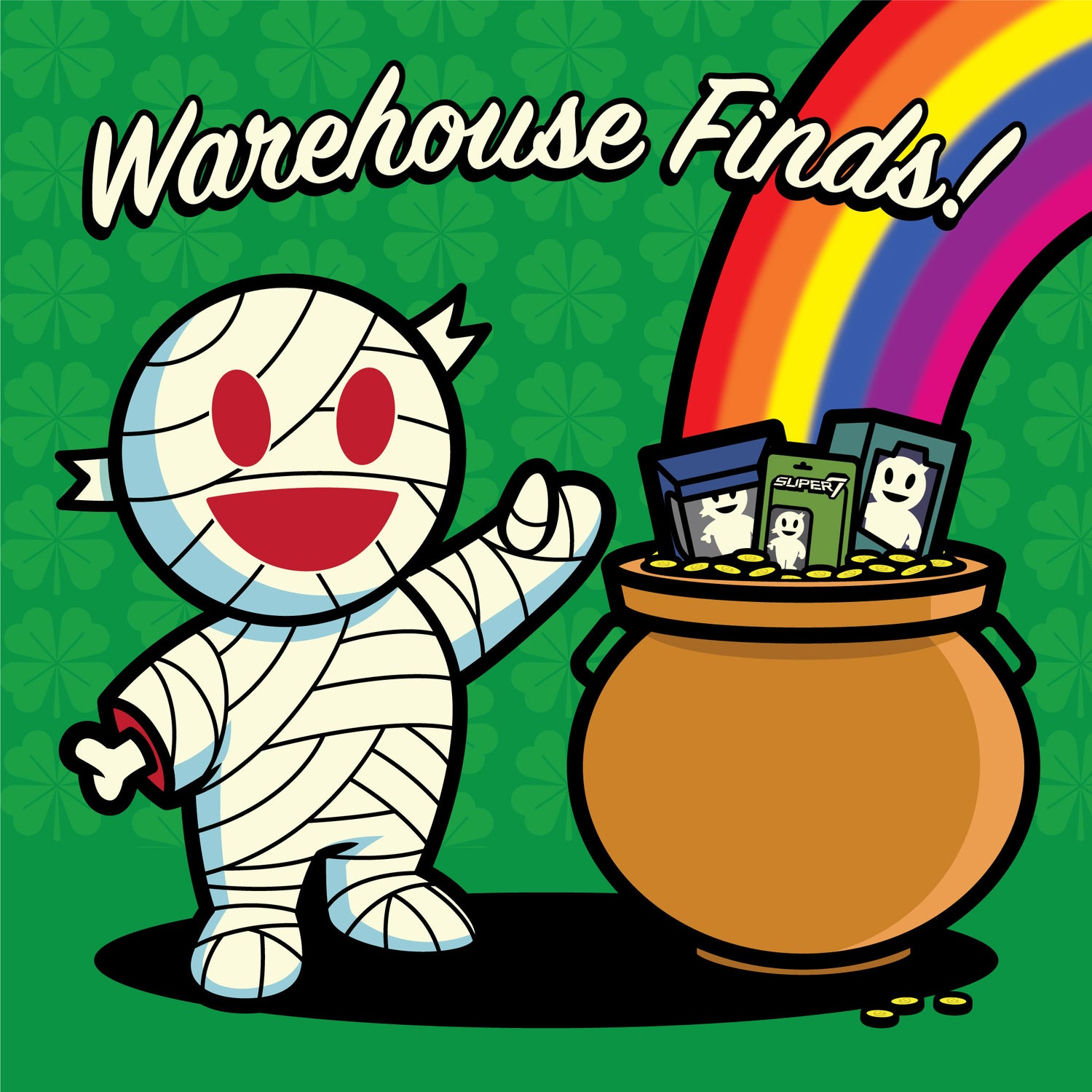 Cartoon mummy on a green shamrock background with a pot of gold and a rainbow