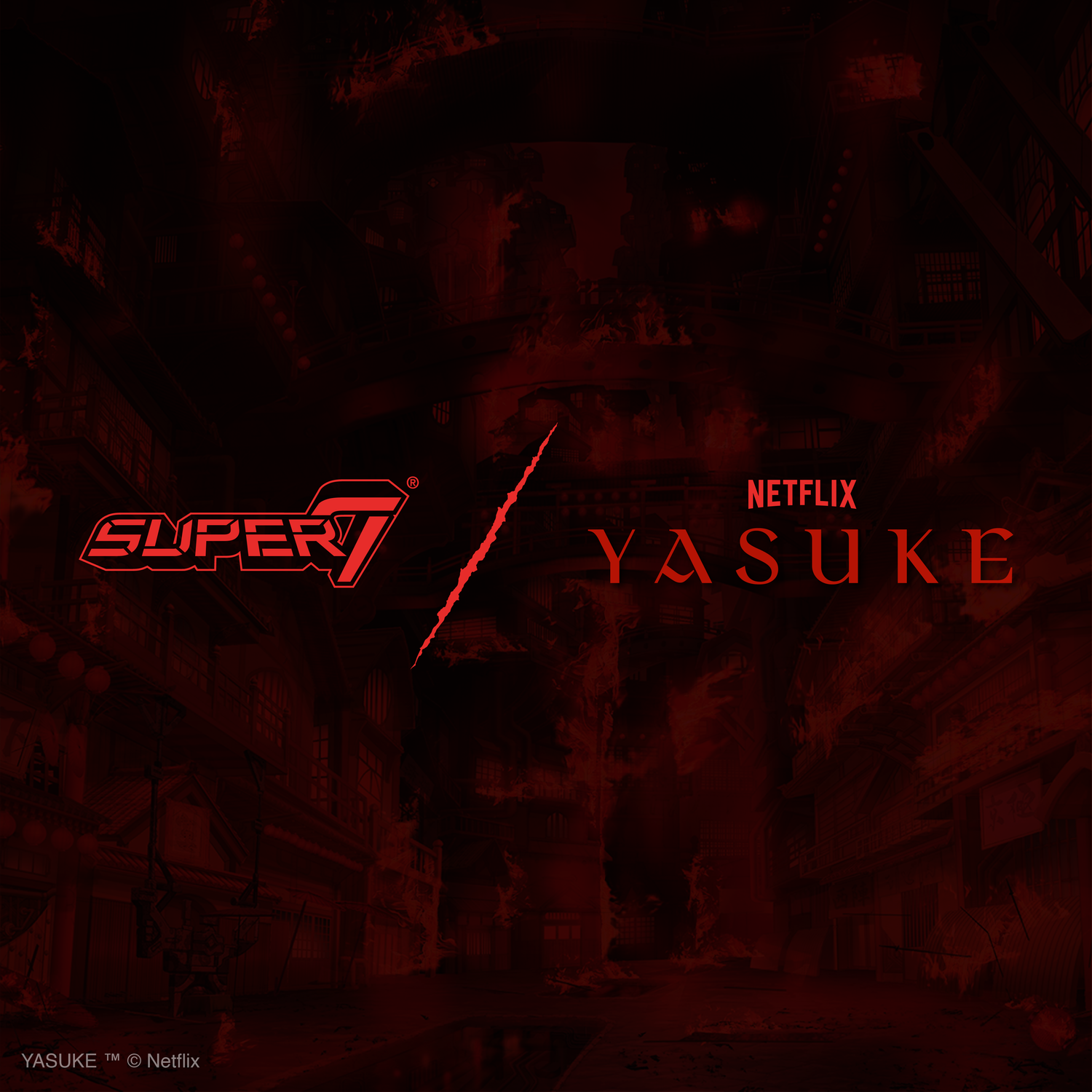 Red tinted promotional background with Yasuke branding Netflix branding and the Super7 mark