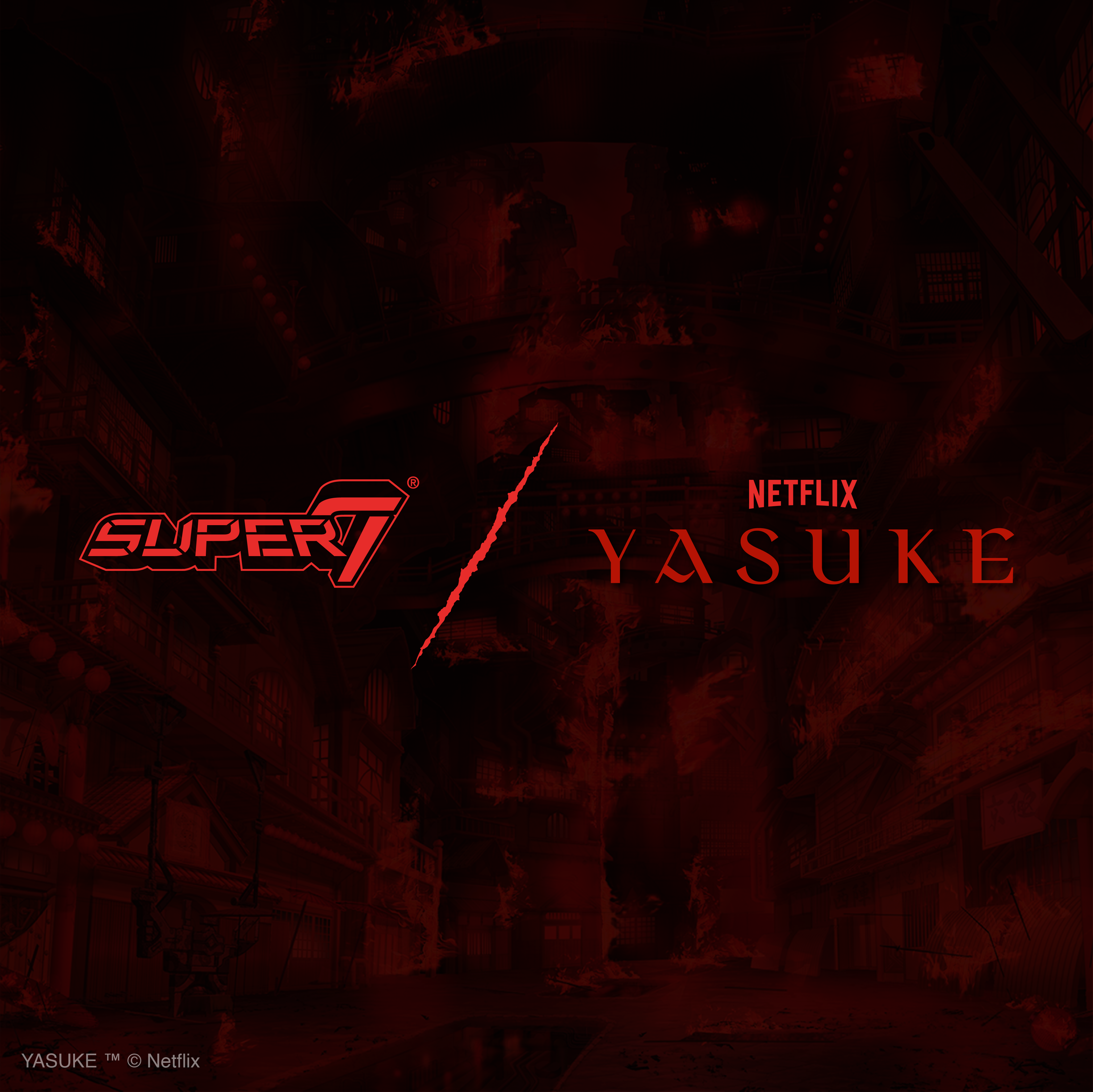 Red tinted promotional background with Yasuke branding Netflix branding and the Super7 mark