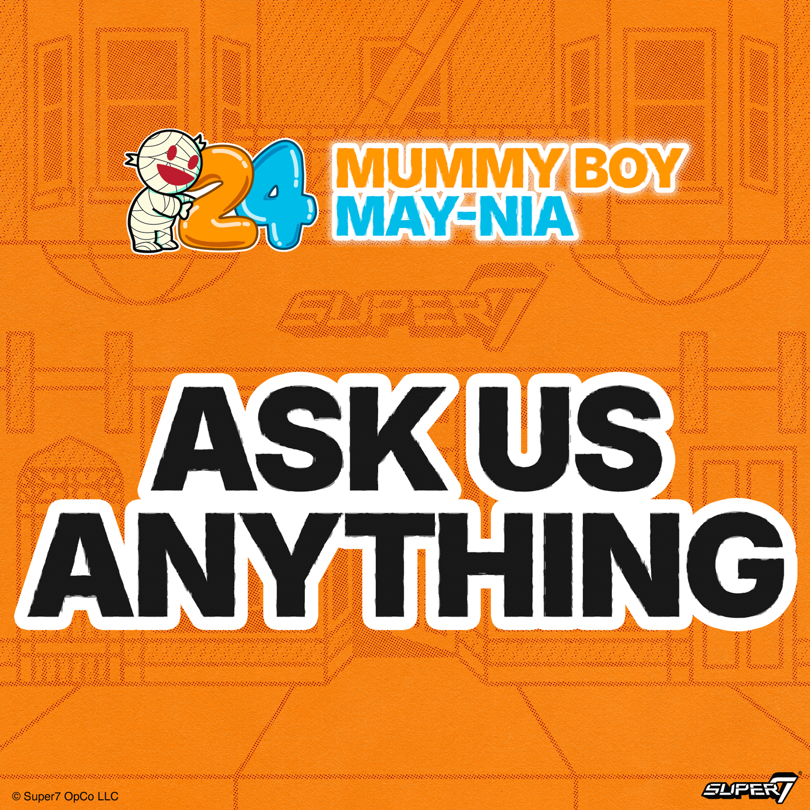 Mummy Boy May-nia AMA banner with a cartoon mummy beside a large orange 2 and blue 4 on an orange background