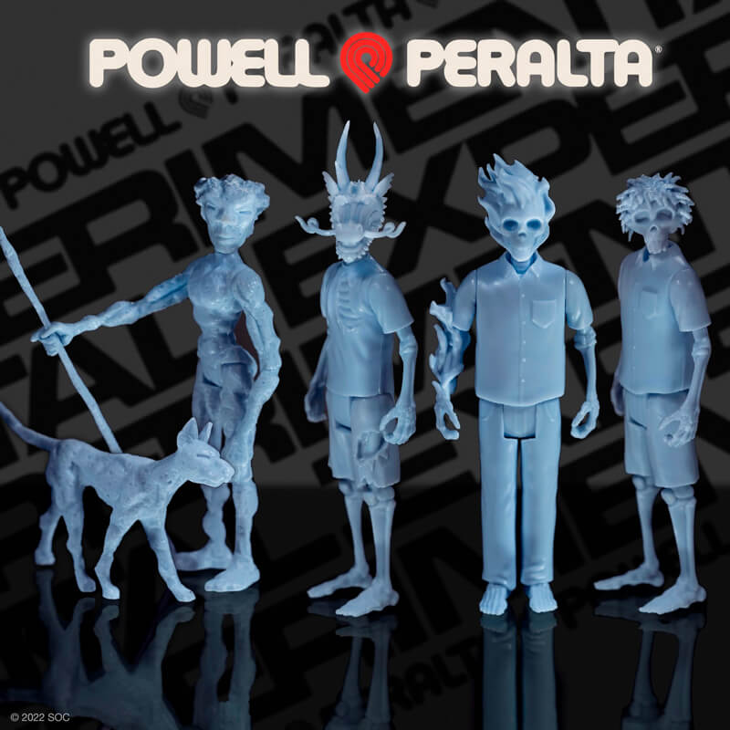 Blue translucent Powell Peralta action figures with a dog on a leash against a dark backdrop.
