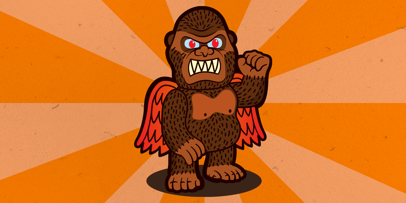 Cartoon winged Bigfoot figure with raised fist on an orange sunburst backdrop.
