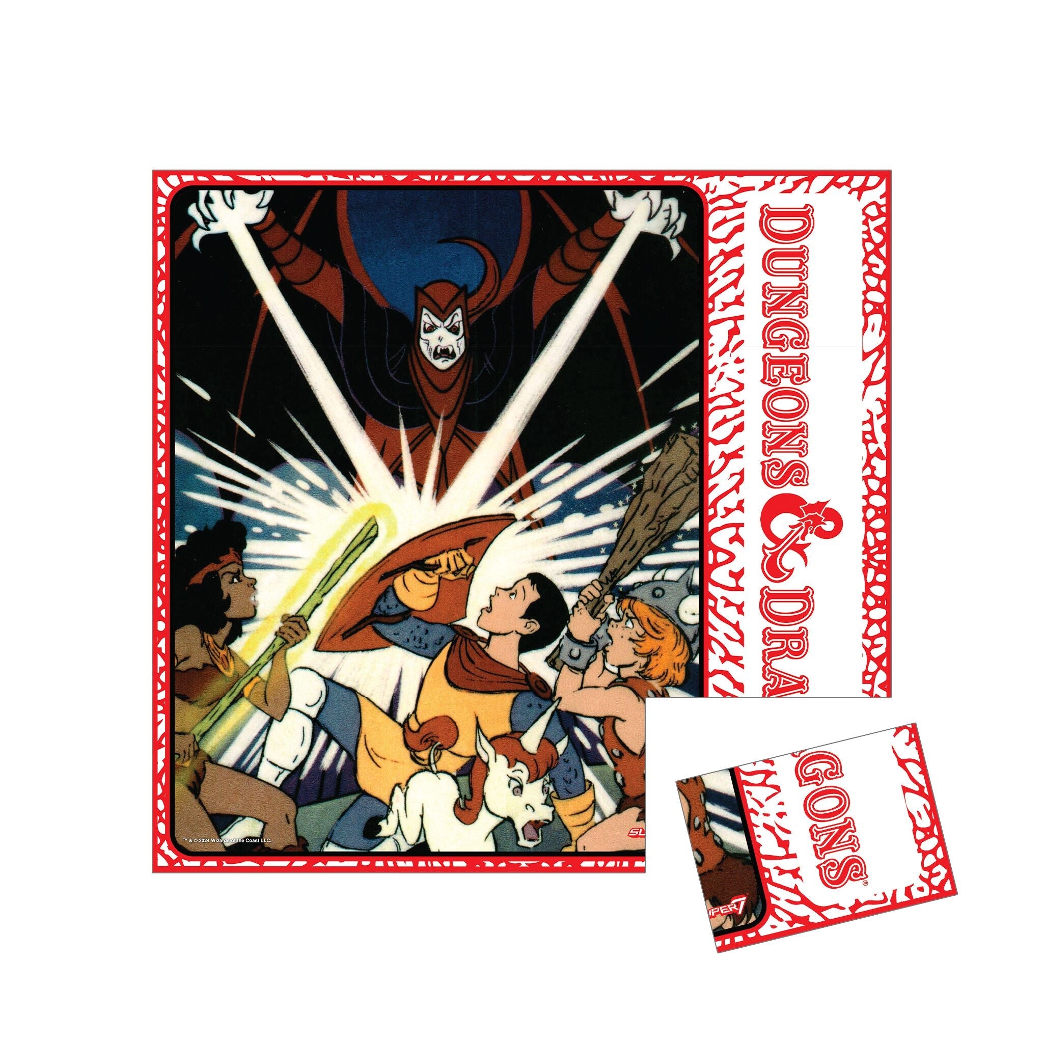 Close up of a trading card pack front with a bold red border and dramatic fantasy artwork.