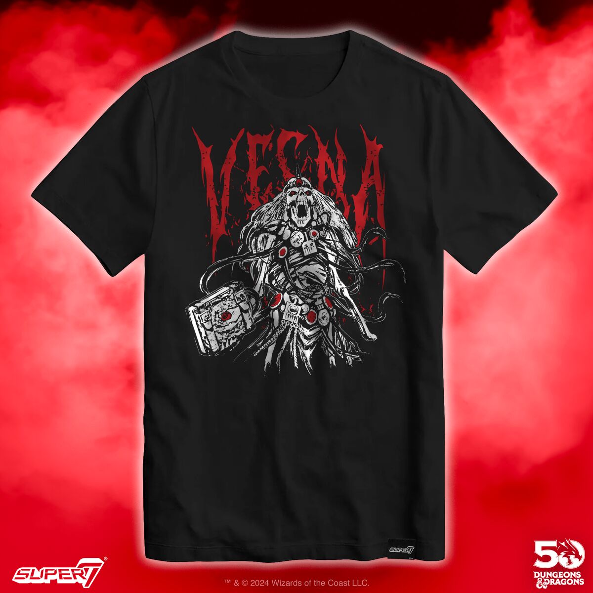 Black graphic T shirt featuring a bold red Venom style design on the front.