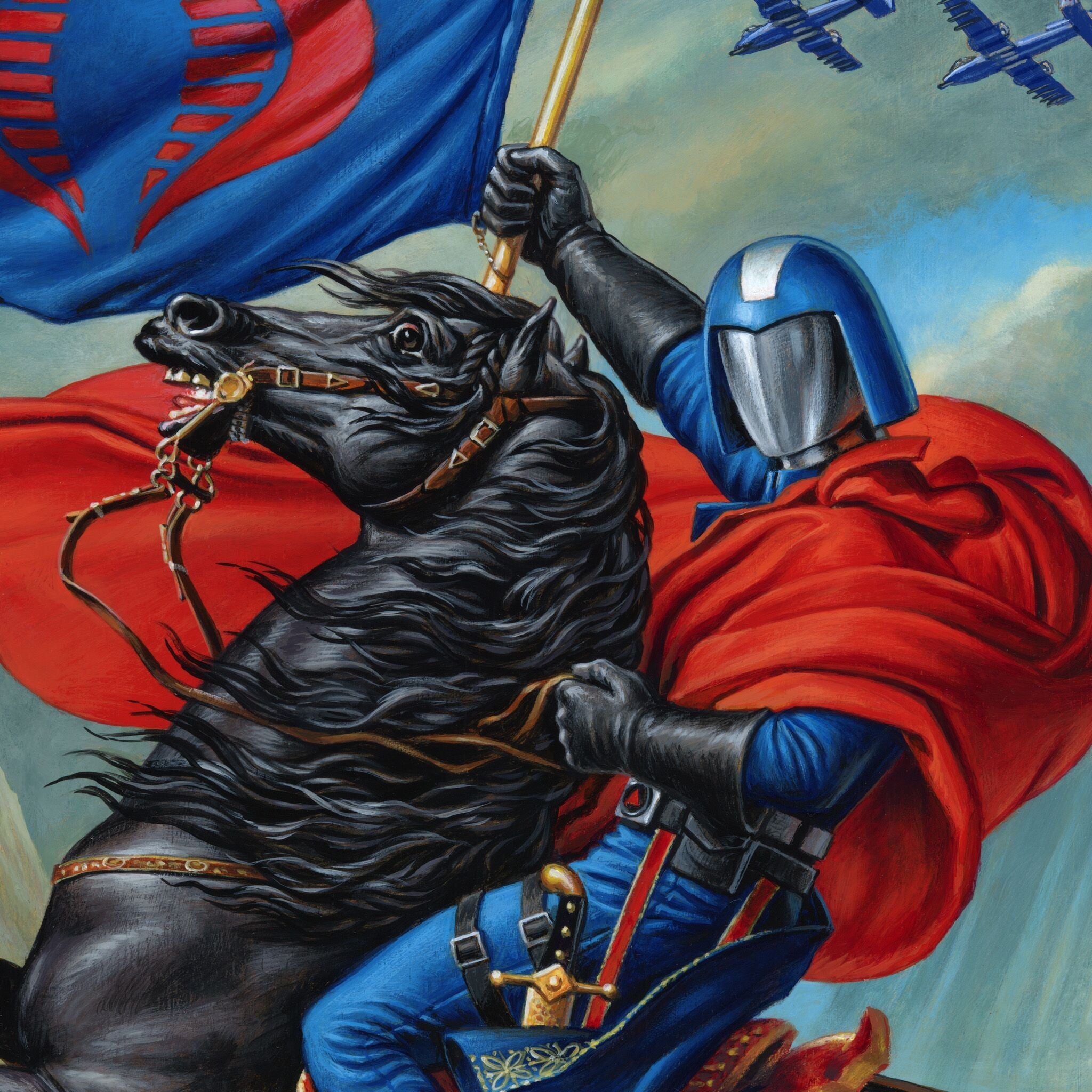 Dramatic painting of a knight in blue armor riding a horse and raising a flag