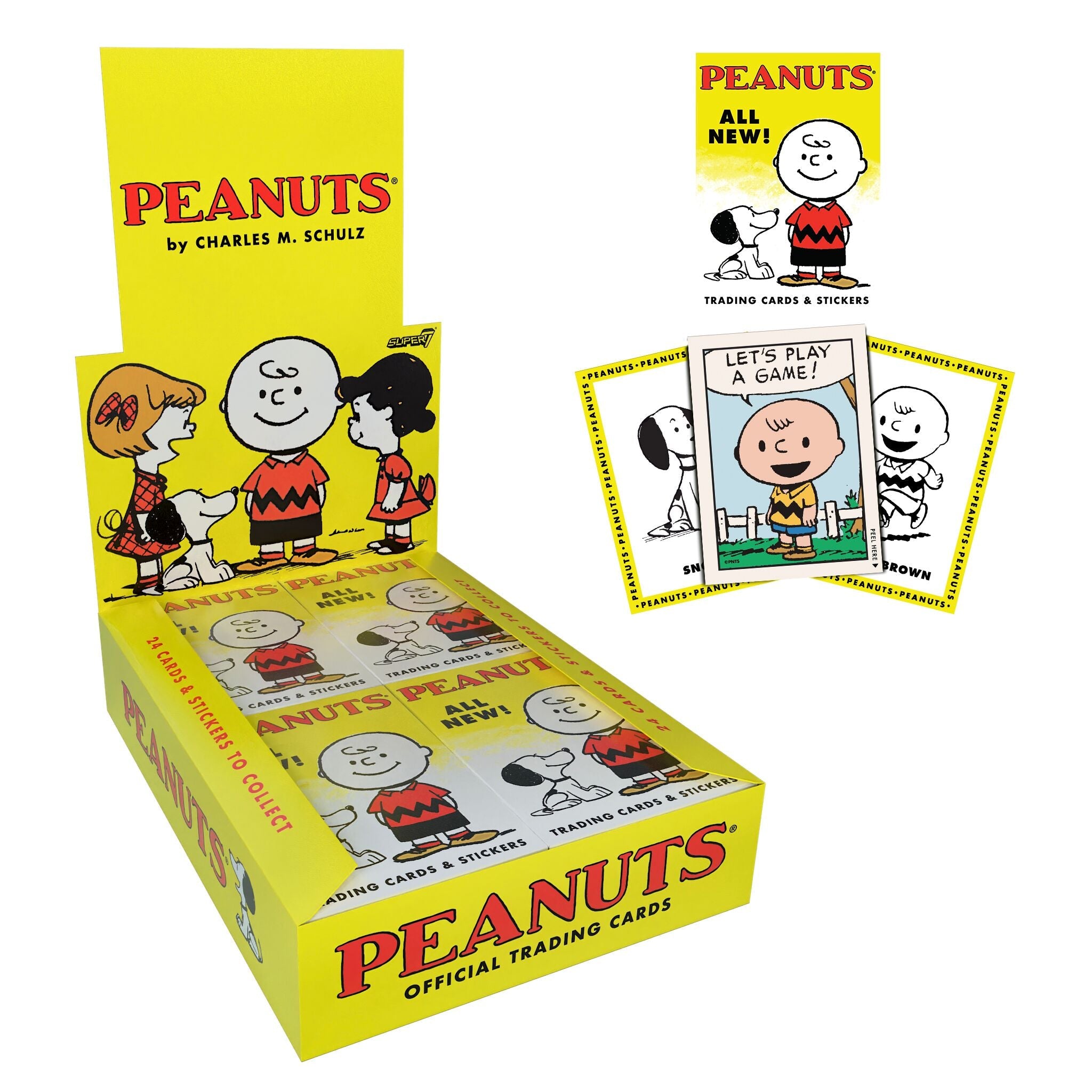 Bright yellow Peanuts trading cards and stickers box set