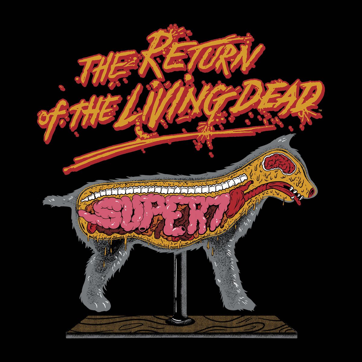 The Return of the Living Dead inspired poster showing a zombie animal with exposed guts on a black background.