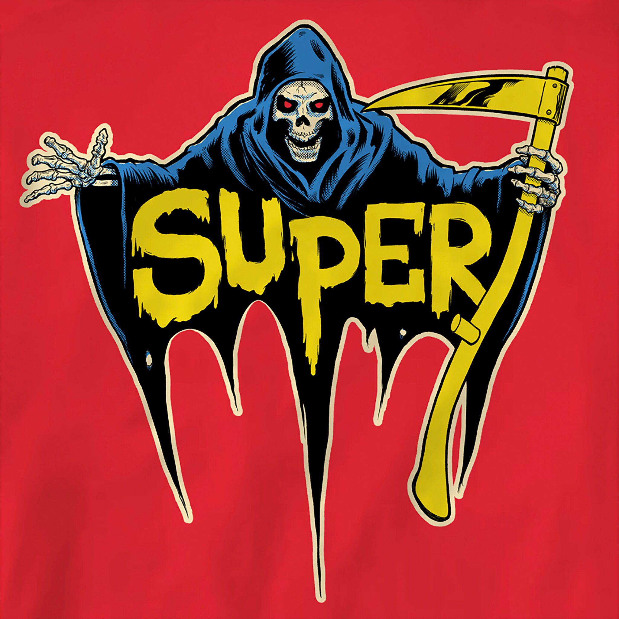 Blue hooded skeleton figure reaching forward with bony hands and a large yellow blade against a red background.