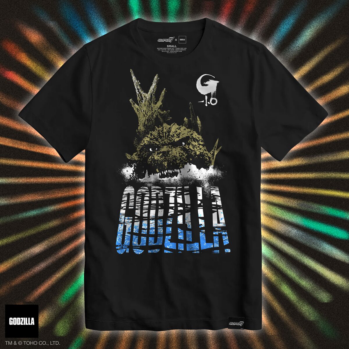 Black Godzilla apparel T shirt showcasing a monstrous figure rising from water with the bold GODZILLA lettering across the bottom.