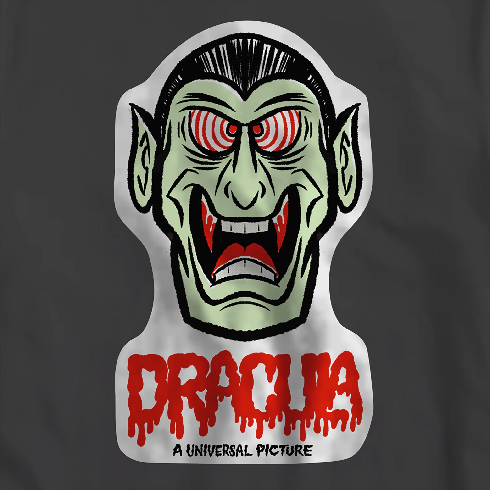 Frankenstein style monster head with pale green skin and red eyes on a gray backdrop with dripping red lettering.