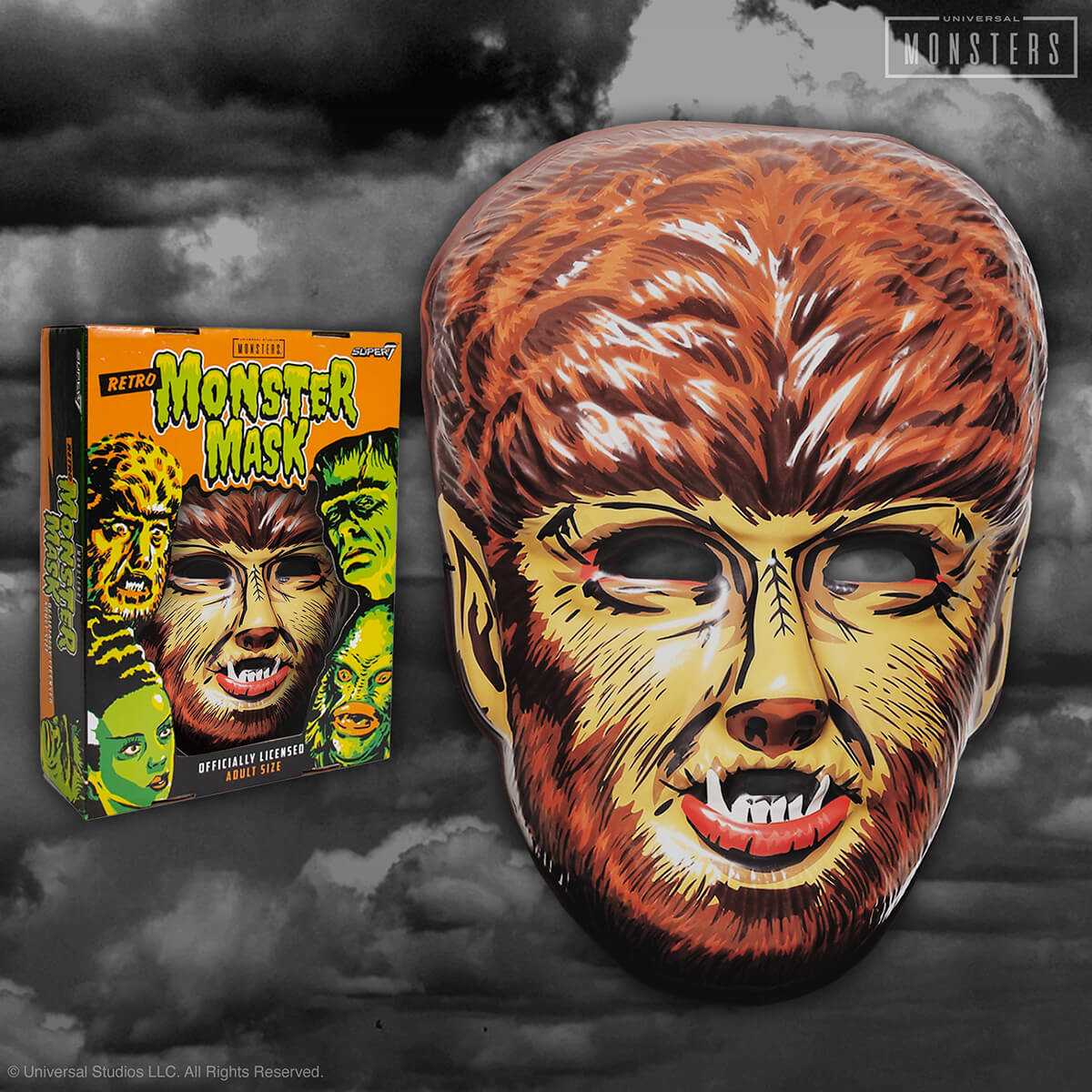 Retro Monster Mask packaging features a large orange monster mask and retro comic style artwork.