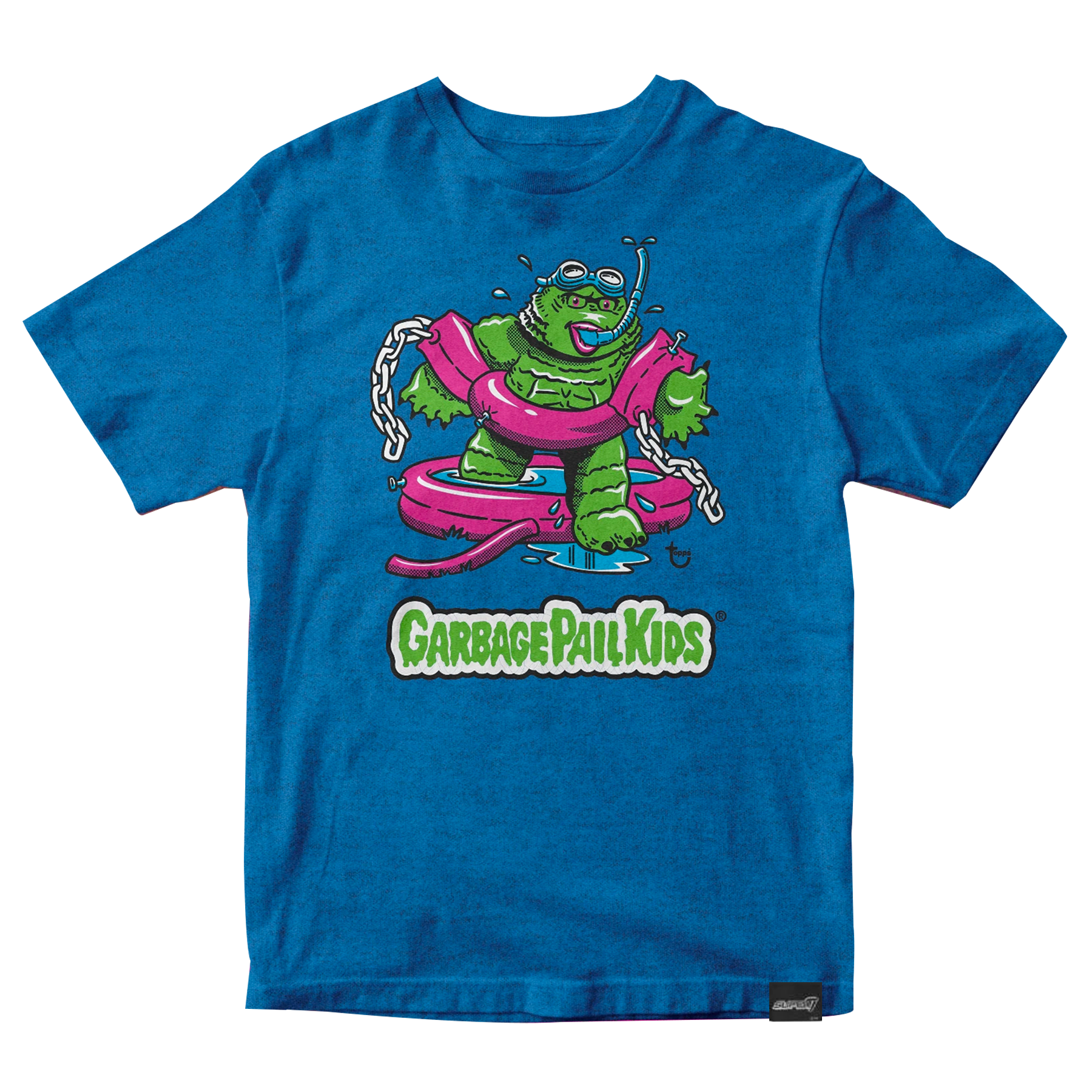 Blue T shirt featuring a Garbage Pail Kids style green monster riding a pink inflatable ring with a snorkel.