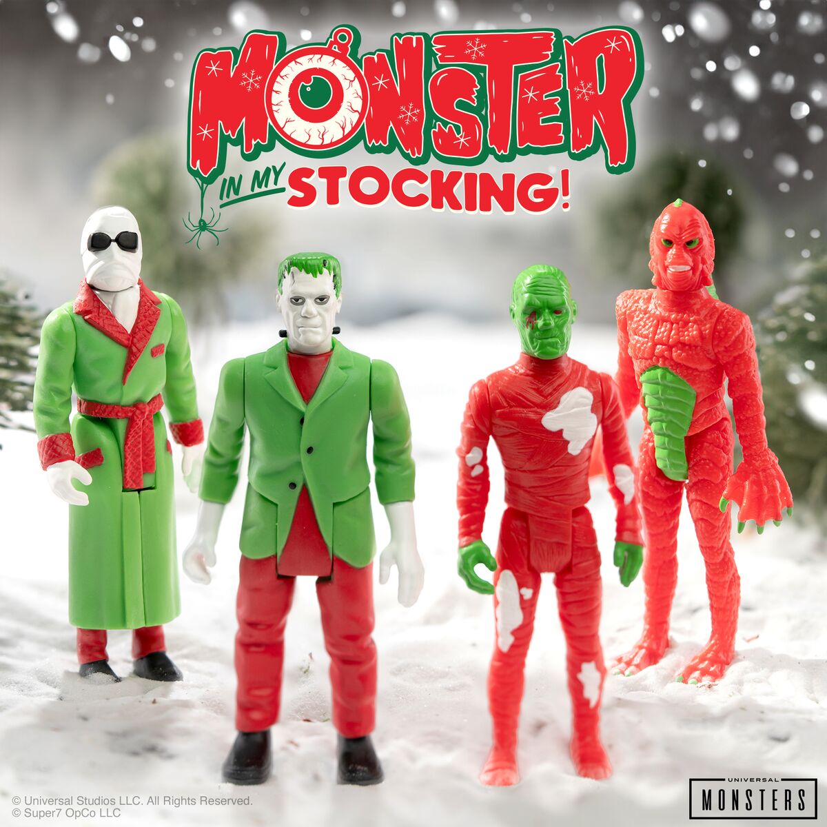 Monster in My Stocking toy figures in a snowy scene with four colorful monsters