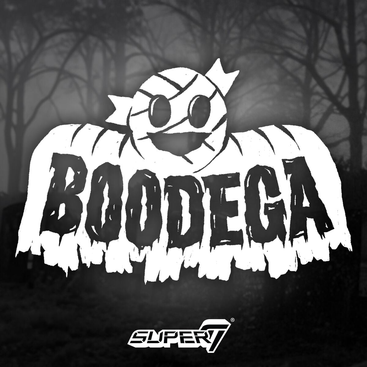 White BooDeGa graphic over a moody grayscale forest background