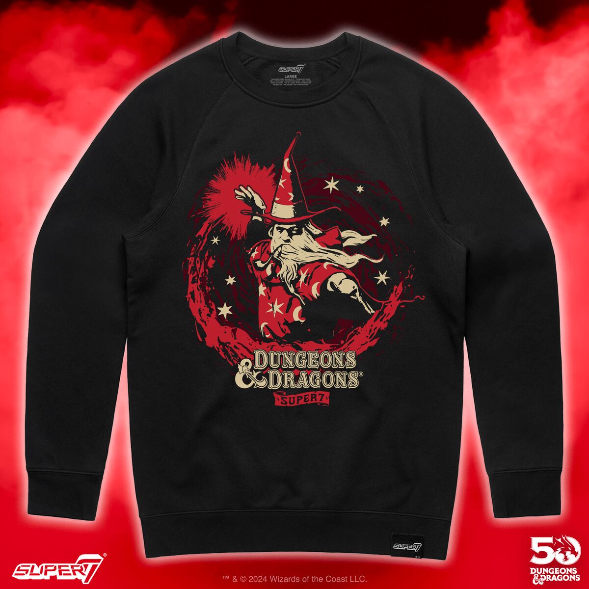 Black crewneck sweatshirt with a red wizard graphic and the Dungeons and Dragons logo