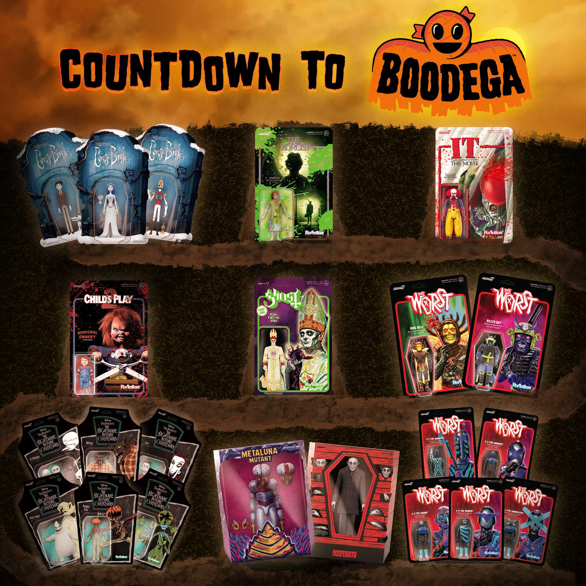 Countdown To Boodega banner with three boxed figures set against a smoky orange sky