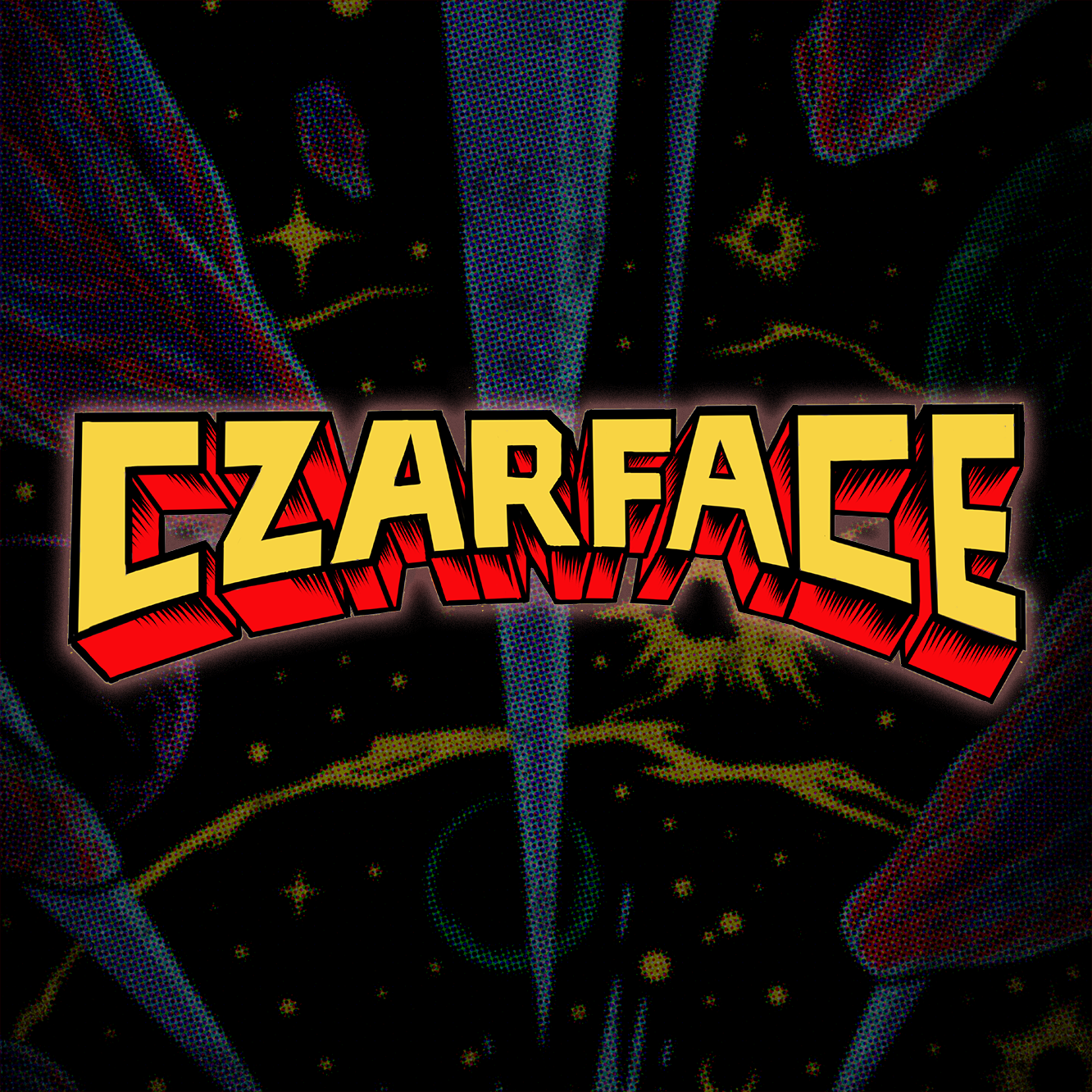 Czarface logo in bold yellow letters with red shadow on a dark starry comic background.