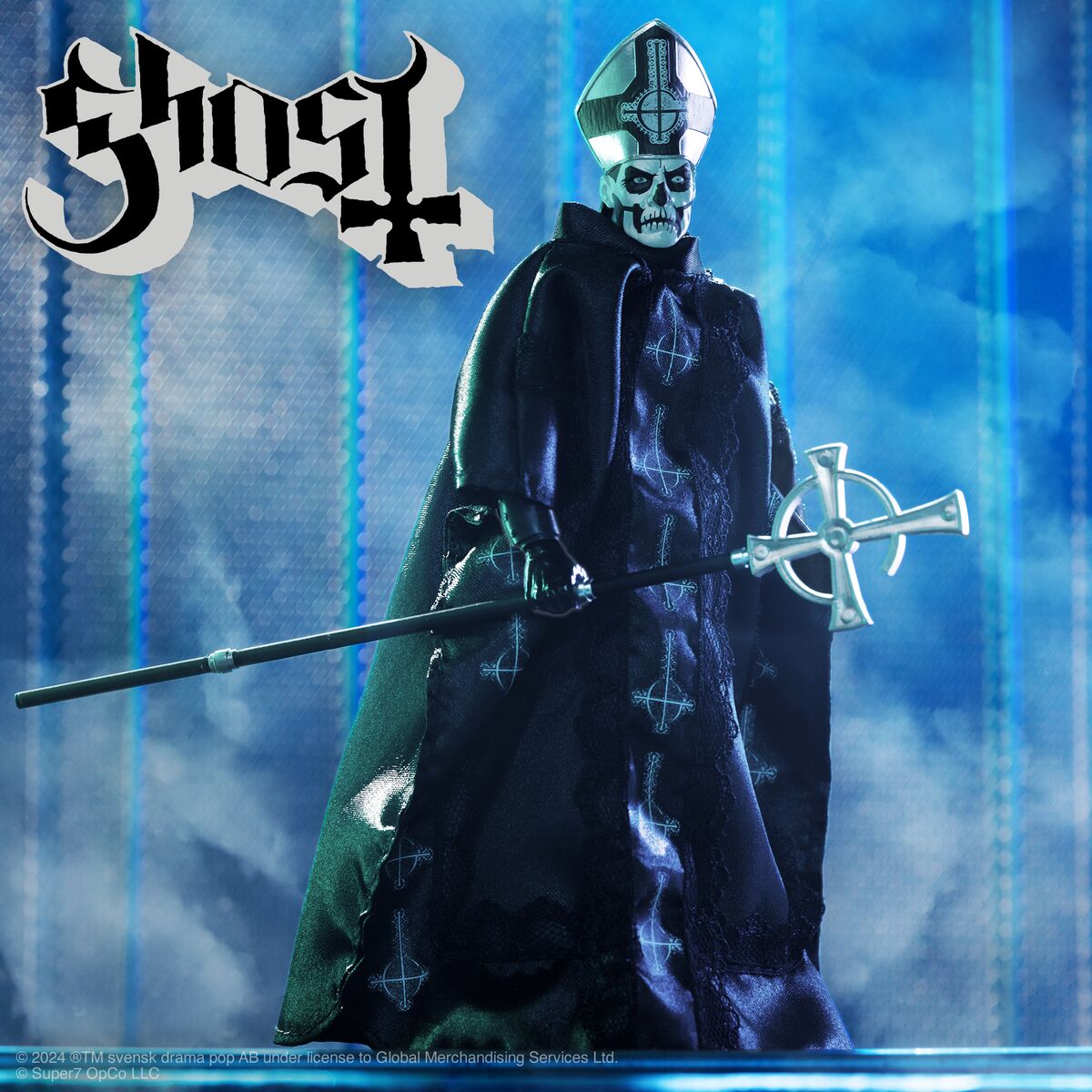 Ghost 4 action figure in a dark cloak with a ceremonial mitre holding a long polearm against a blue smoky background