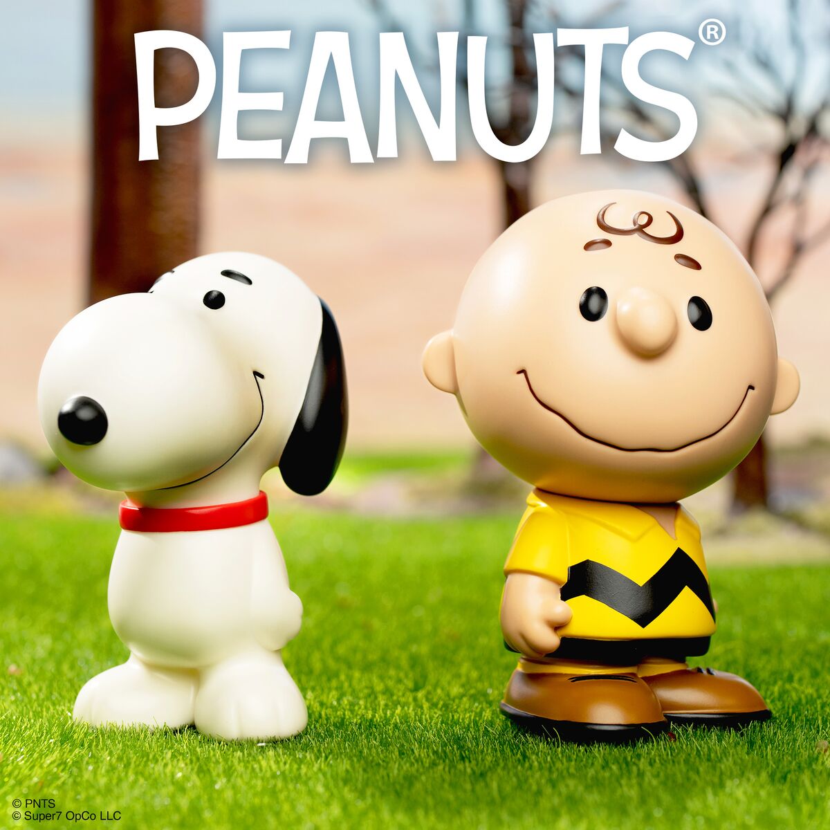 Snoopy and Charlie Brown toy figures stand on green grass with the Peanuts logo visible across the top.