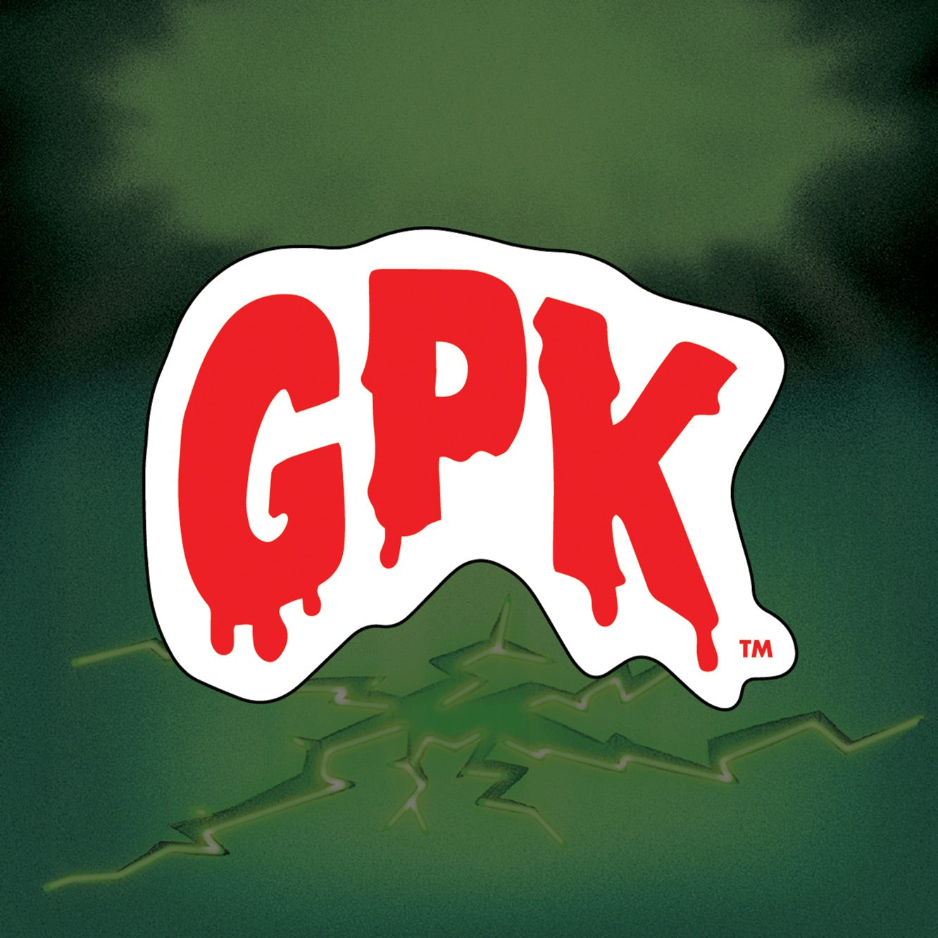 Garbage Pail Kids logo GPK on a green smoky background.