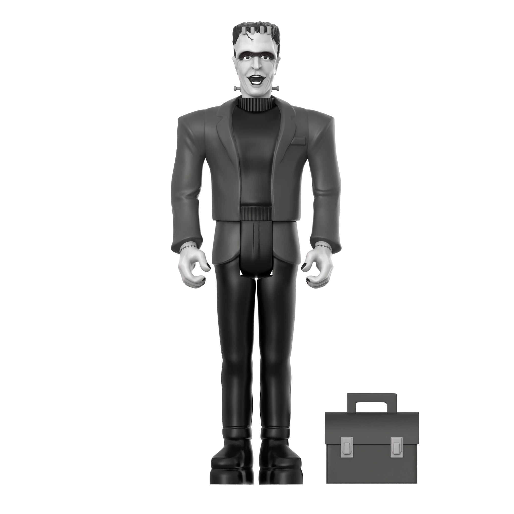 Grayscale The Munsters inspired action figure in a suit with neck bolts standing beside a gray briefcase.